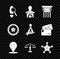 Set Magnifying glass with footsteps, Law pillar, Map marker silhouette of person, Scales justice, Hexagram sheriff