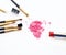 Set of make up cosmetic, brush, pink powder, lipstick on white background