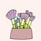 Set of makeup brushes in pouch illustration. purple and green colors. hand drawn vector. closeup, single. beauty tool. cute and el