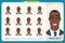 Set of male facial emotions. Black American man emoji character with different expressions. Vector illustration in cartoon style.