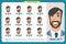 Set of male facial emotions. Flat cartoon character. Businessman in a suit and tie. business people in round icons. Isolated vecto