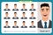 Set of male facial emotions. Young business man character with different expressions.Vector flat illustration in cartoon style.