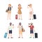 Set of male and female travelers with smartphones standing in various poses. Bundle of man and woman tourists talking on