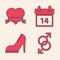 Set Male gender symbol, Heart and ribbon, Calendar with February 14 and Woman shoe with high heel icon