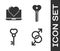 Set Male gender symbol, Laptop with heart, Key in heart shape and Key in heart shape icon. Vector