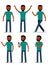 Set of male worker man. African American ethnic people. Flat vector illustration