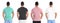 Set with man in different blank colorful t-shirts on white background, back view