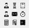 Set Man with a headset, Old hourglass, Envelope, Calculator, Certificate template and Safe icon. Vector