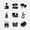 Set Man in the sauna, Sauna slippers, wood bench, Hot stones, bucket, Bath sponge, Aroma candle and Towel stack icon