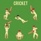 Set of man standing in hit or catch ball poses holding cricket bat cartoon style