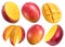 Set of mango fruits, mango cubes and slices on a white background. File contains clipping path