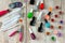 Set for manicure varnishes brushes scissors sequins. Fashion, beauty