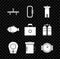 Set Manifold, Carabiner, Wetsuit for scuba diving, Diving hood, Big flashlight diver, watch, Fish and First aid kit icon