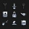 Set Mantle, cloak, cape, Witch hat, Ancient magic book, Magic lamp or Aladdin, Spell, staff and Neptune Trident icon