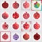 Set of many decorative ornamental pomegranates made of doodles. Vector abstract illustration of fruit logo for branding, poster or