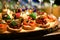 Set of many different bruschettas at wooden table top. italian cuisine appetizer with tar tare