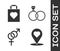 Set Map pointer with heart, Shopping bag with heart, Gender and Wedding rings icon. Vector
