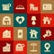 Set Map pointer with house, Realtor, House shield, heart shape, Warehouse, dollar symbol and Table lamp icon. Vector