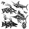 Set of marine or aquarium exotic fish in black with various patterns. A collection of inhabitants of the underwater world. Tattoo