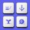 Set Marine bollard with rope, Anchor, Whale tail and icon. White square button. Vector