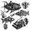 Set of marine exclusive fish in black with various patterns. A collection of inhabitants of the underwater world. Tattoos, emblems