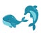 Set of marine mammals blue whales, sharks, sperm whales, dolphins, beluga whales, narwhal killer whales. Cartoon vector
