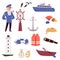 Set of marine or ocean travel elements a flat isolated vector illustration