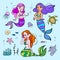 Set on the marine theme with mermaids and sea animals made in cartoon style