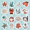 A set of marine vector stickers on an isolated background. Shells, diving accessories, underwater world