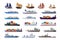 Set of maritime ship collections shipping boats, sail boat, ocean ships, yacht sailing boats, cargo ships water transport