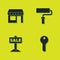 Set Market store, House key, Hanging sign with Sale and Paint roller brush icon. Vector