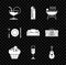 Set Martini glass, Lighter, Barbecue grill, Muffin, Glass of champagne, Guitar, Plate, fork and knife and Sofa icon