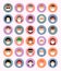 Set masked faces in circles, avatars, icons, people of different nationalities in flat style. Danger of virus covid-19