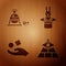 Set Masons, Witch cauldron and magic stone, Cube levitating above hand and Magician hat and rabbit on wooden background