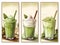 Set of matcha latte cocktails mixed with ice cubes and milk in glasses. Creative illustration of assortment of matcha green tea,