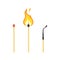 Set of matches with flame. Unsed, burning and burnt match icon
