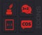 Set Mathematics function cosine, Feather and inkwell, Equation solution and Tablet with calculator icon. Vector