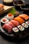 set meal fish rice japan seafood roll food japanese sushi. Generative AI.
