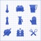 Set Measuring cup, Salt and pepper, Crossed fork spoon, Oven glove, Rolling pin, Pepper, and Pizza knife icon. Vector