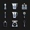 Set Measuring cup, Scales, Spoon, Spatula, Cutting board, Knife, Salt and pepper and Pepper icon. Vector