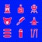 Set Meat chopper, Lighter, Matches, Kitchen apron, Sausage, Pig, Barbecue grill and coal bag icon. Vector