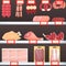 Set of meat product on supermarket shelves. Sausege, chiken, bacon, ham and beef. Cartoon vector