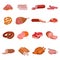 Set of meat products. Roast chicken and prime rib, sausage, salami and ham, sirlon, bacon, sucuk and smoked meat, turkey