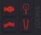 Set Meat tongs, Fish, Frying pan and Bacon stripe icon. Vector