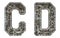 Set of mechanical alphabet made from rivet metal with gears on white background. Letters C and D. 3D