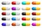 Set of medical capsules. Pills with multicolored shells. Colored objects on white background. Vector