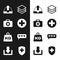 Set Medical cross in circle, First aid kit, Upload inbox, Layers, Weight and Like and heart icon. Vector