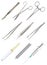 Set of medical hand tools. Tweezers of different types, all-metal reusable scalpel, clip with fastener, surgical