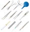 Set of medical hand tools. Tweezers different types, all-metal reusable scalpel, clip fastener, surgical scissors, glass