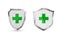 Set medical health protection shield with green cross. Protected steel guard shield concept. Security safeguard metal label